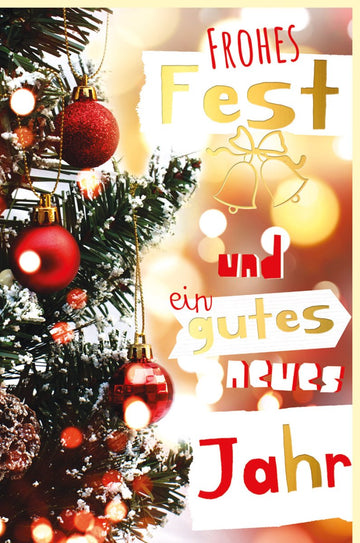 Weihnachtskarte "Frohes Fest" mit Goldfolie und Großer Schrift - Festliche Doppelkarte mit Tannenbaum, Roten Kugeln & Glanzlichtern - Traditionelle Weihnachtsgrußkarte in Warmen Farben für Familie & Freunde