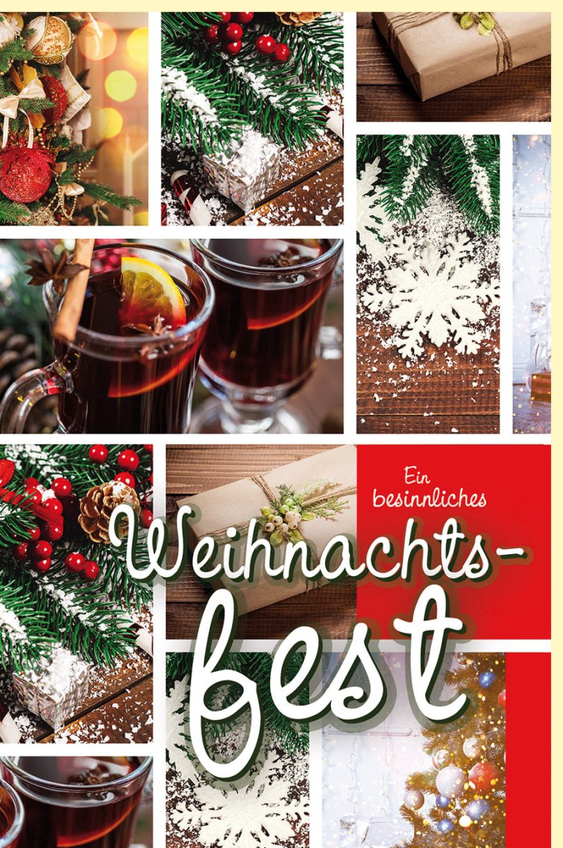 Weihnachtskarte für Besinnlichkeit und Festlichkeiten - Doppelkarte mit Weihnachtsbaum, Glühwein & Geschenkmotiven, Schnee & Tannenzweige Design in Rot - Ideal für Familie & Freunde