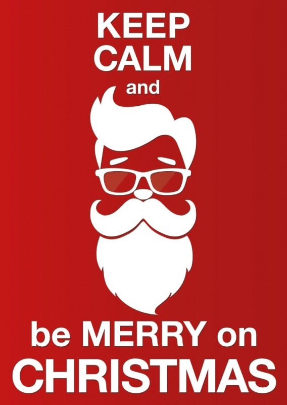 Weihnachtskarte "Keep Calm Merry Christmas" - Santa mit Bart & Brille, Rote Festliche Grüße, Traditionelle Feiertagskarte mit Textbotschaft