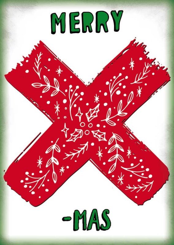 Weihnachtskarte "Merry X - mas" - Festliche Kreuz - Design Postkarte mit Schnee, Tannenzweigen & Beeren in Rot, Grün, Weiß - Winterliche Feiertagsgrüße