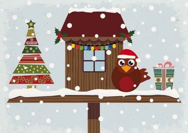 Weihnachtskarte mit Eule im Vogelhaus: Schnee, Tannenbaum & Geschenke - Festliche Winter - Illustration mit Beleuchtung, Gemütlichkeit & Dekoration