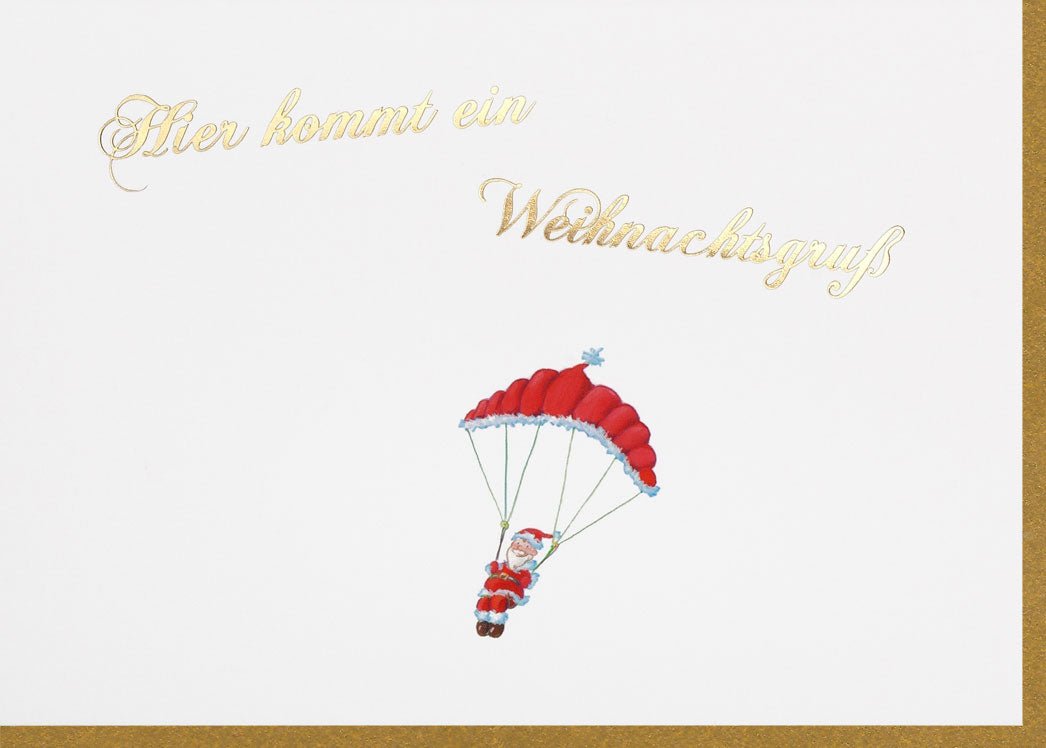 Weihnachtskarte mit Fallschirmspringendem Weihnachtsmann - Lustige & Originelle Festtagsgrüße, Besinnliche Feiertage Doppelkarte, Frohe Adventszeit Dezember Winter Santa Claus Parachute Humor Christmas Card Holiday Season Greetings