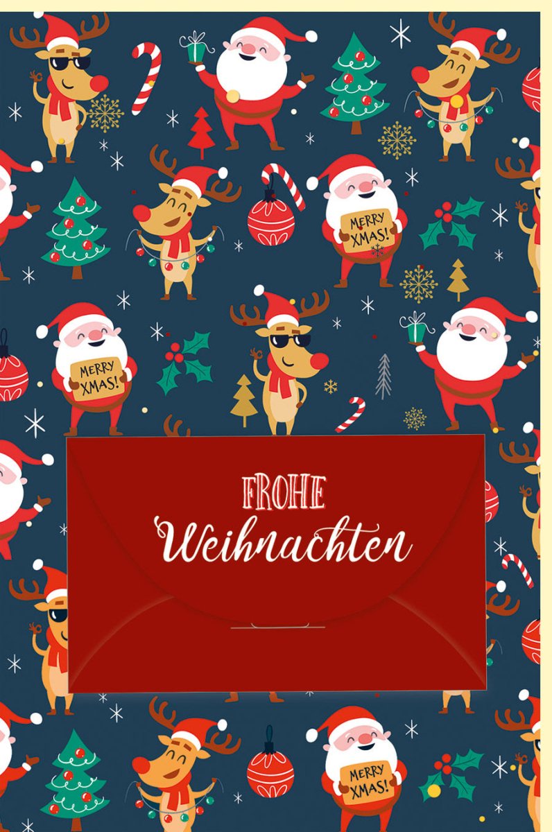 Weihnachtskarte mit Geldkuvert: Festliche Doppelkarte "Frohe Weihnachten" - Rentier & Santa Claus Motiv, Traditioneller Weihnachtsgruß für Familie & Freunde, Rot, Geschenkkarte mit Weihnachtsbaum & Zuckerstange Design, Liebevolle Grüße zum Fest der Liebe