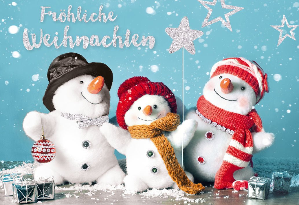 Weihnachtskarte mit Glitzer - Schneemännern – Frohe Festtage Wintermotiv Grußkarte mit Sternen und Geschenken, Familie & Freude Postkarte