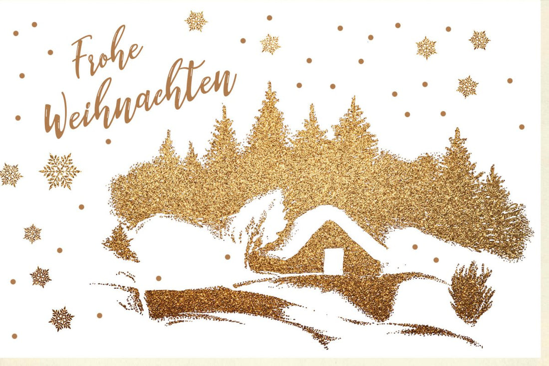 Weihnachtskarte mit Glitzer - Tannen & Schnee: Festliche Grußkarte in Gold, Winterlandschaft für Besinnliche Feiertage im Dezember