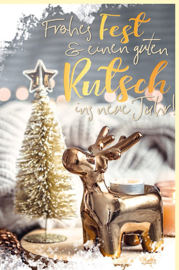 Weihnachtskarte mit Goldfolie Elch - Motiv - Festlicher Weihnachtsgruß in Metallic - Look, Warme Braun - & Goldtöne, Tannenbaum & Kerze Design für Familie und Freunde, Frohes Fest & Guten Rutsch ins Neue Jahr