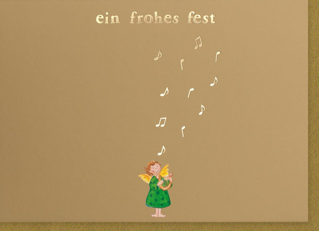 Weihnachtskarte mit Goldfolie in Pantone - Gold, Festlicher Weihnachtsgruß mit Musiknoten & Engel Motiv, Frohes Fest Feiertags - Doppelkarte