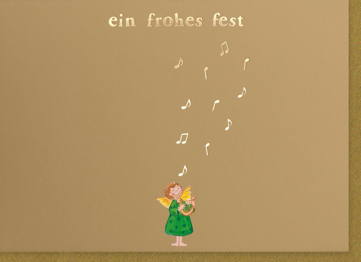 Weihnachtskarte mit Goldfolie in Pantone - Gold, Festlicher Weihnachtsgruß mit Musiknoten & Engel Motiv, Frohes Fest Feiertags - Doppelkarte