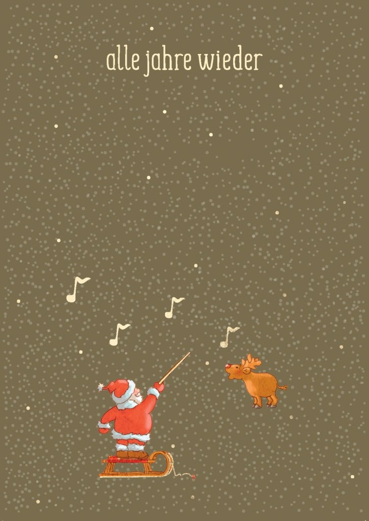 Weihnachtskarte mit Goldfolie, Musiknoten & Schneeflocken - Festlicher Weihnachtsmann mit Rentier und Schlitten, Feiertagsgrüße
