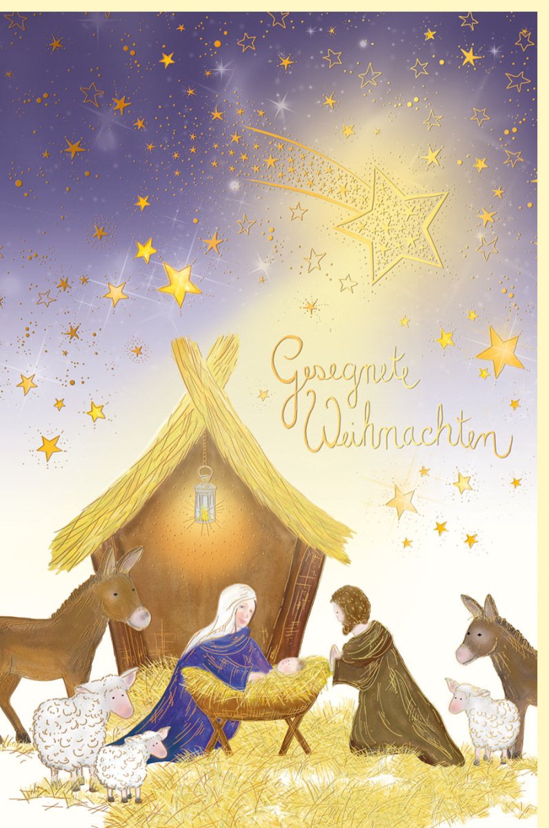 Weihnachtskarte mit Goldfolie und Blindprägung – Traditionelle Darstellung von Maria und Joseph mit Esel unter Sternenhimmel – Festliche Grüße für Familie und Freunde – Christliche Motive in Gelb und Gold