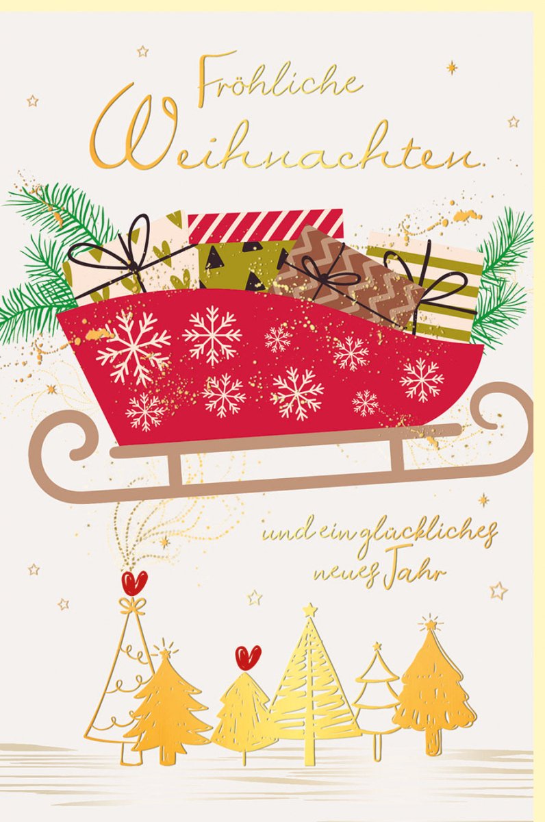 Weihnachtskarte mit Goldfolie und Schlittenmotiv: Festliche Doppelkarte für Familie & Freunde – Traditionelle Weihnachtsgrüße in Rot, Grün & Gold mit Tannenzweigen & Schneeflocken – Frohe Festtage & Neujahr