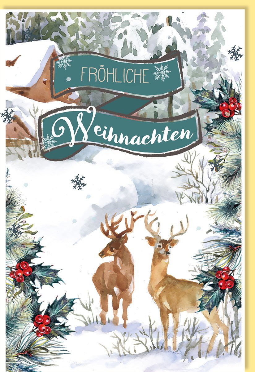 Weihnachtskarte mit Hirschen im Schnee - Handgezeichnete Tiere, Winterlandschaft & Beeren - Frohe Fest Grüße Doppelkarte