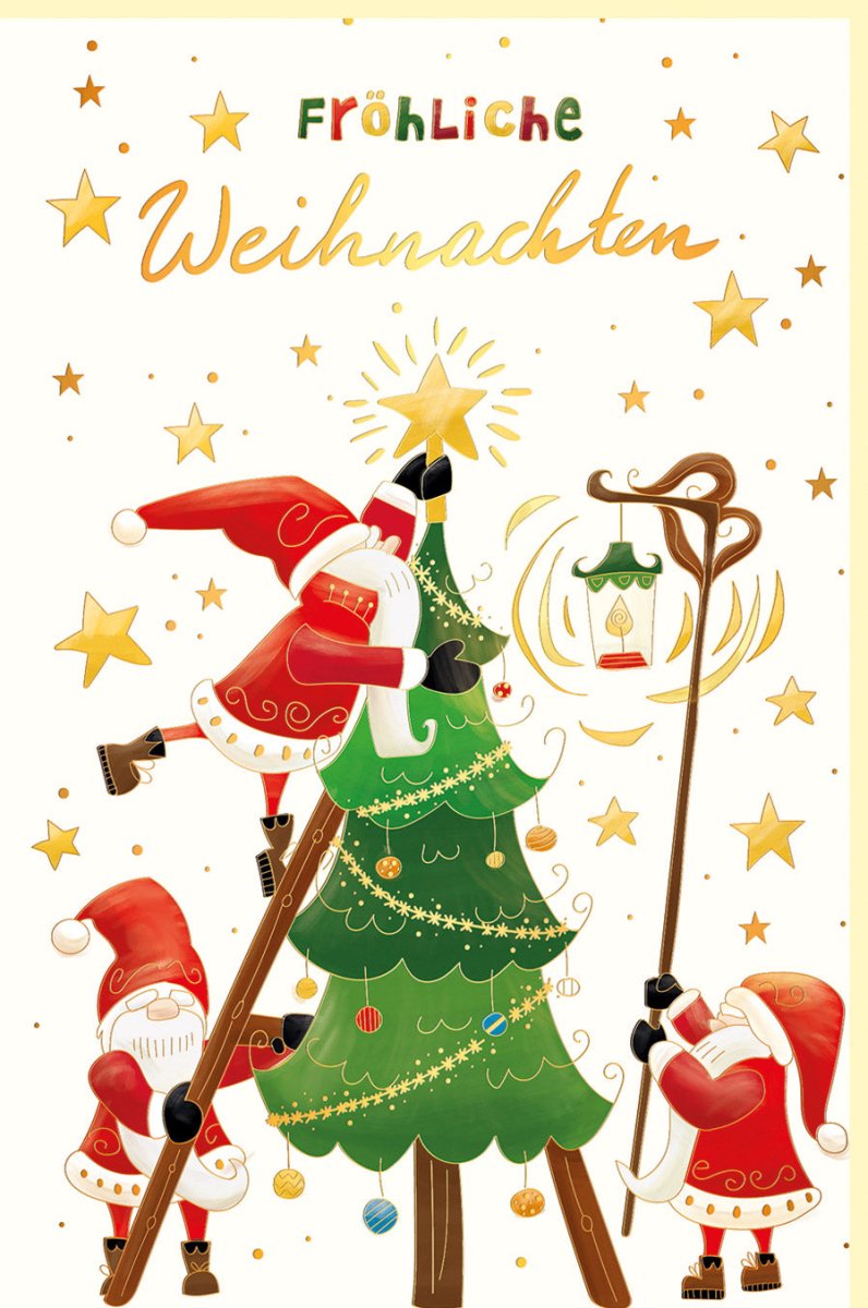 Weihnachtskarte mit Illustration: Traditionelle Weihnachtsmänner beim Baumschmücken, Festliche Grußkarte in Gold, Rot & Grün für Familie und Freunde, Stern - Verziert für Frohe Festtage - Erwachsene & Kinder