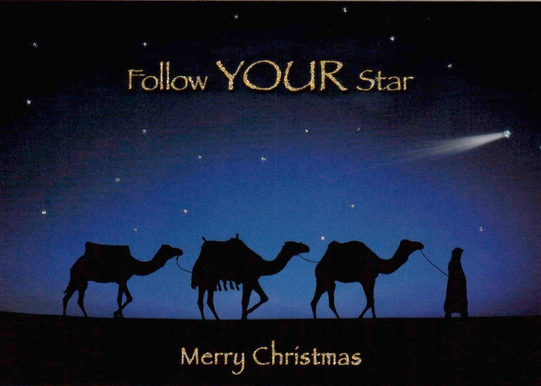 Weihnachtskarte mit Kamelen und Sternschnuppe – Nachthimmel & Wüste, Follow Your Star, Merry Christmas Silhouette, Frieden & Ruhe, Festliche Weihnachtsgrüße