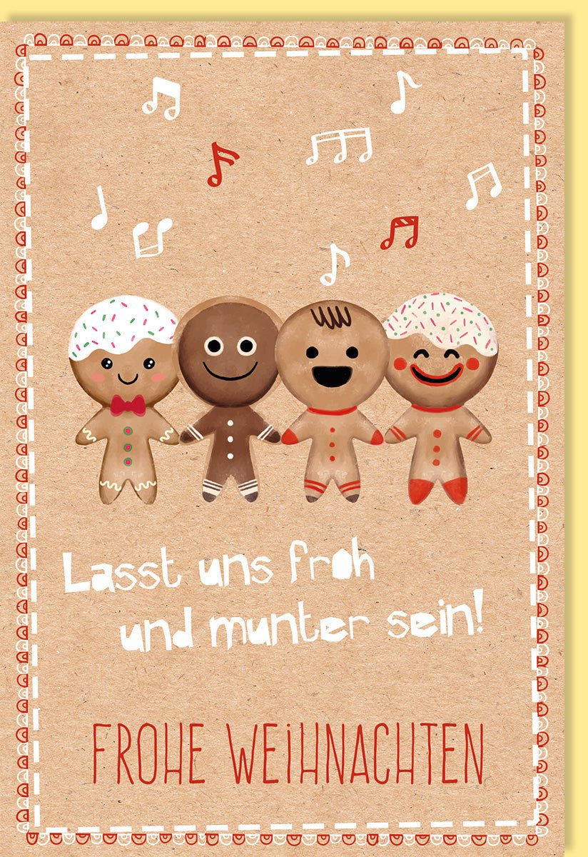 Weihnachtskarte mit Lebkuchenmännchen, Kraftpapier Naturkarton, Frohe Weihnachten Grußkarte mit Musiknoten, Festliche Besinnliche Traditionelle Handgemachte Karte aus Umweltfreundlichem Recycling - Material im Vintage - Design