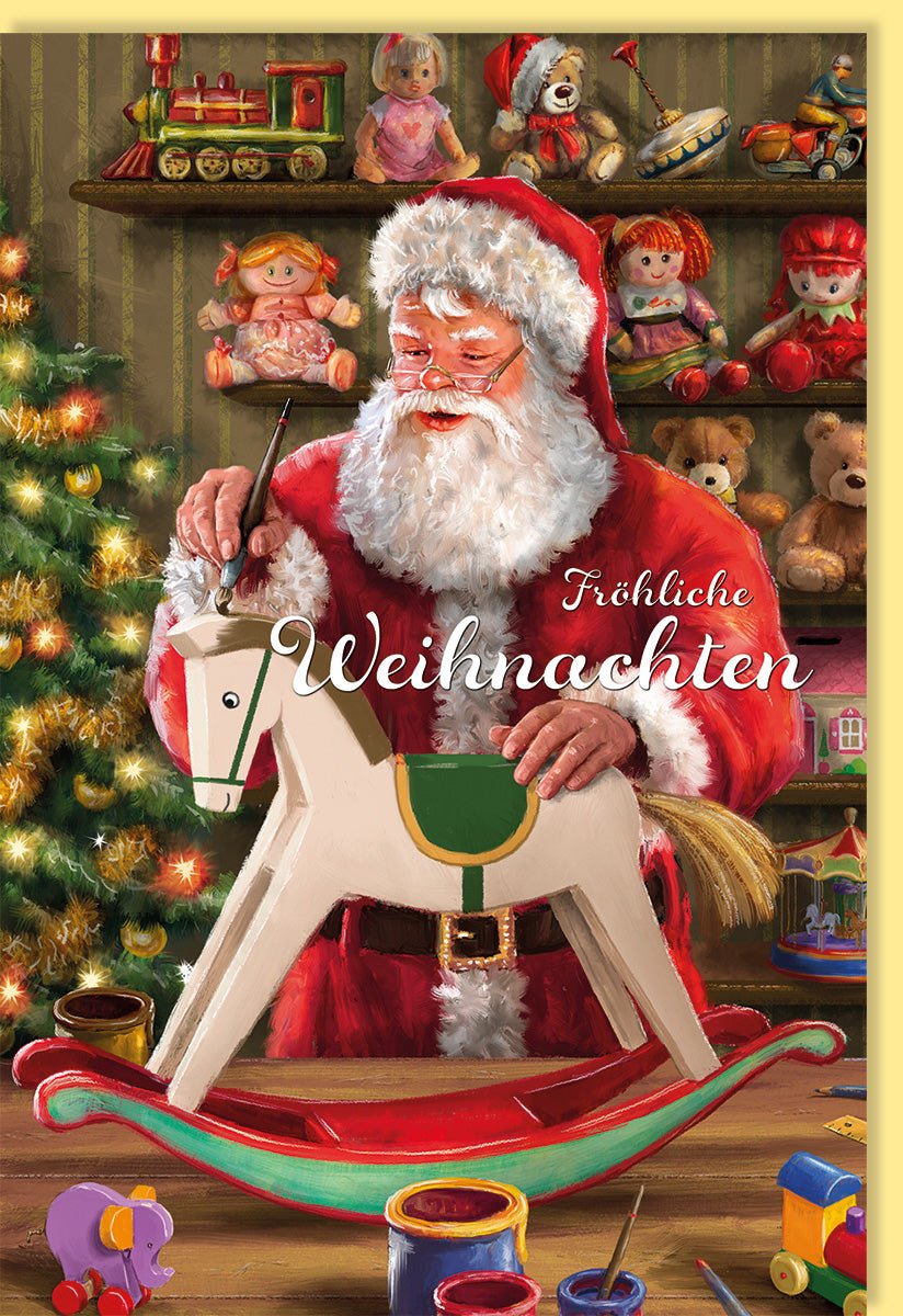 Weihnachtskarte mit Nostalgie - Charme: Handgefertigte Doppelkarte, Weihnachtsmann auf Holzpferd, Retro Spielzeug - Werkstatt Motiv, Festliche Grußkarte für Weihnachten, Traditionelle Familien - Freude, Ideal zum Schenken & Dekorieren