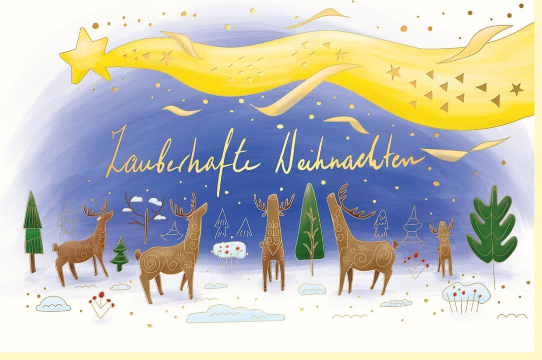 Weihnachtskarte mit Rentieren - Sternenhimmel & Winterlandschaft, Frohe Festtage Doppelkarte mit Schnee, Tannenbaum & Geschenken