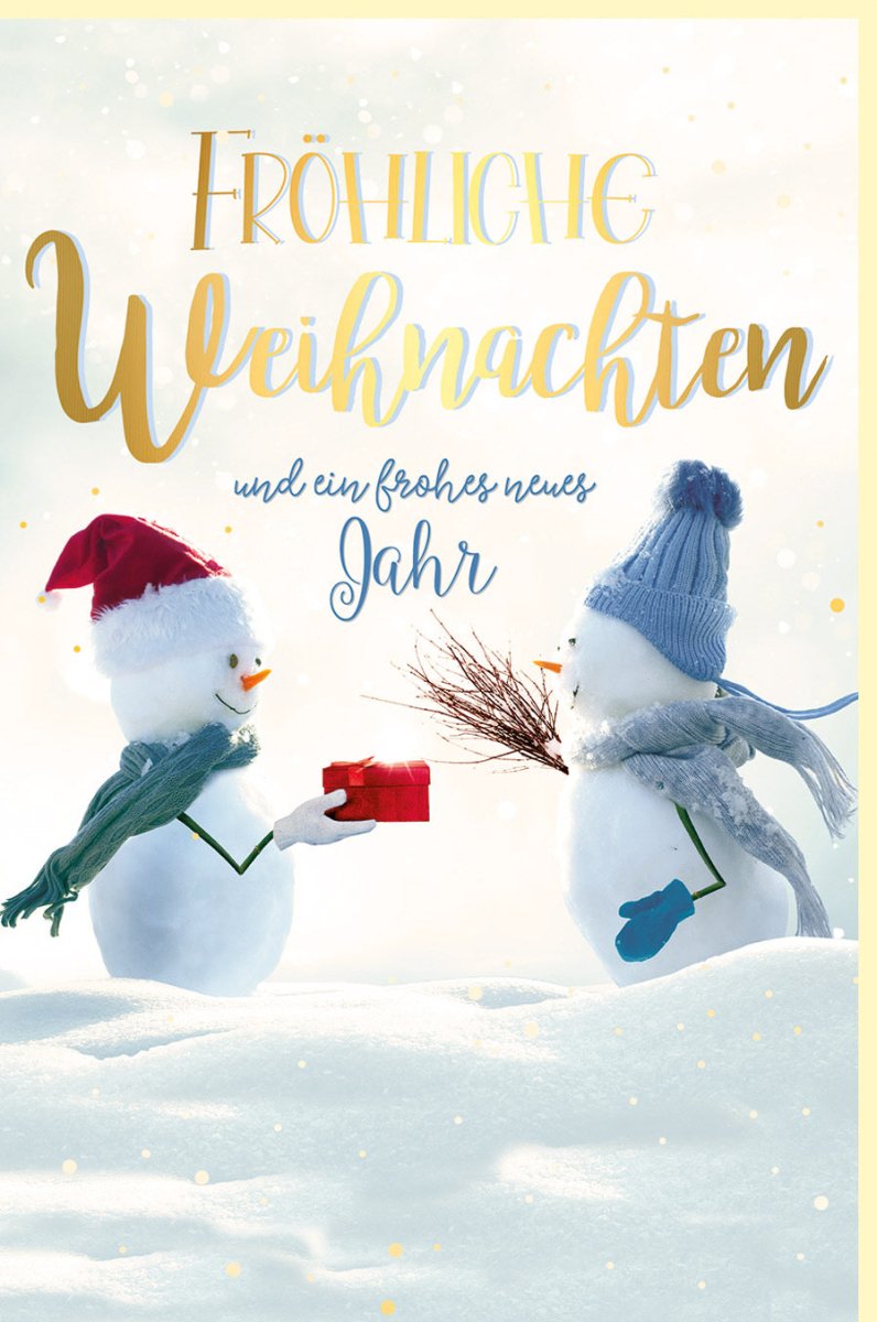 Weihnachtskarte mit Schneemännern und Goldfolie - Eleganter Weihnachtsgruß für Familie und Freunde, Frohe Weihnachten & Neujahrswünsche, Doppelkarte in Rot, Weiß & Gold