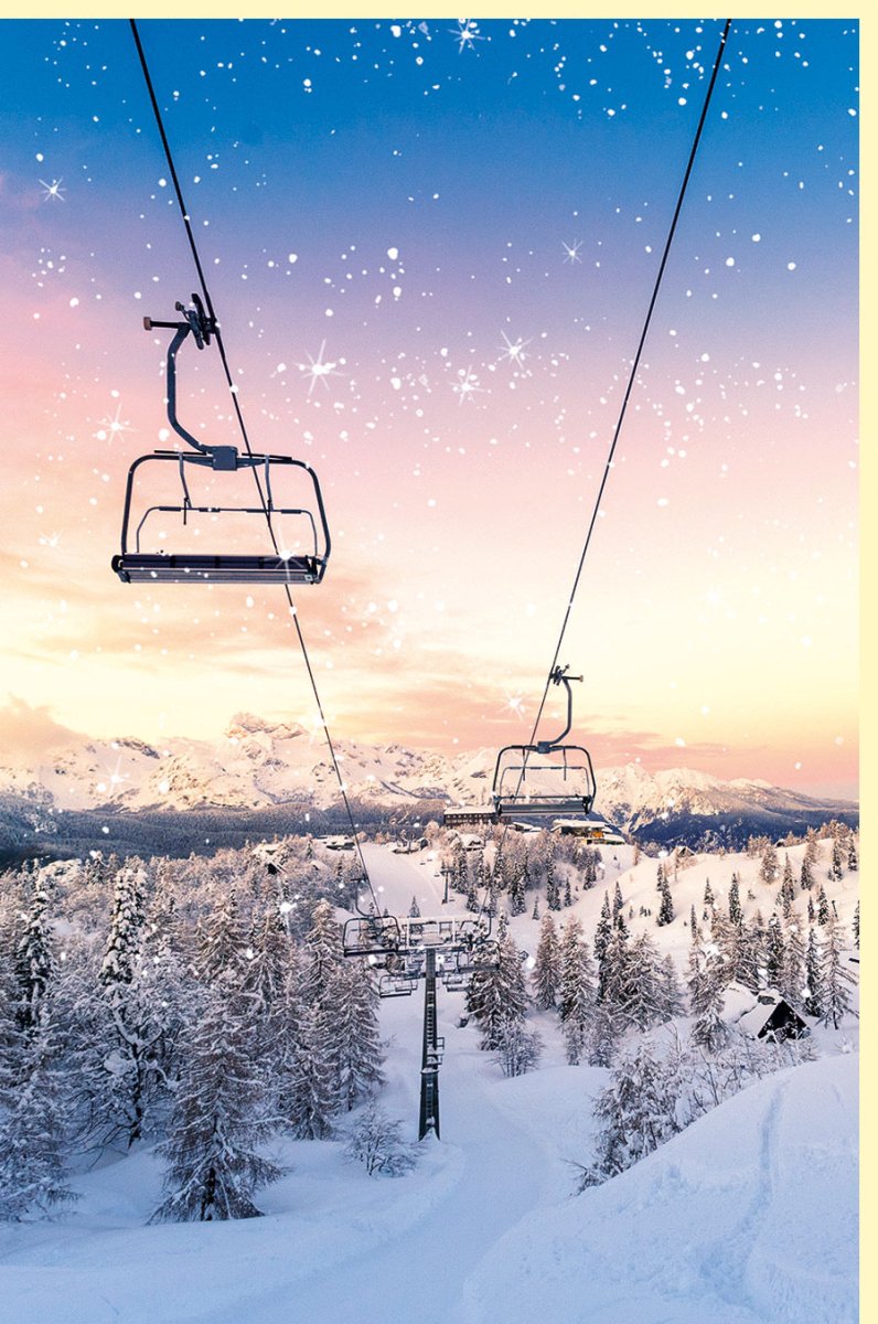 Weihnachtskarte mit Seilbahn - Motiv: Schneekoppe & Winterlandschaft, Traditionelle Fotokarte für Skiurlaub, Sonnenuntergang & Frost - Doppelkarte mit Tannenbaum & Weihnachtsgruß