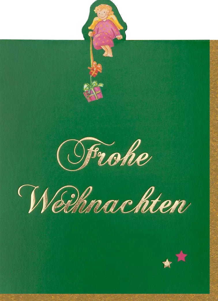 Weihnachtskarte mit Stand - up Engel & Goldfolie - Festliche Grüße, Glitzer, Eleganz - Frohe Weihnachten Grußkarte in Grün