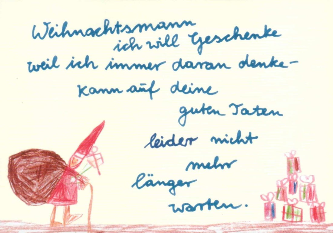 Weihnachtskarte mit Wunschliste - Handgeschriebener Humor, Weihnachtsmann & Geschenke Illustration in Rot und Blau, Festliche Zeichnung für Kinder zur Bescherung