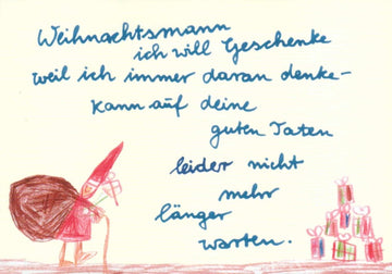 Weihnachtskarte mit Wunschliste - Handgeschriebener Humor, Weihnachtsmann & Geschenke Illustration in Rot und Blau, Festliche Zeichnung für Kinder zur Bescherung