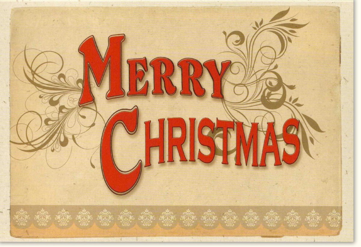 Weihnachtskarte Nostalgisch - Festliche Doppelkarte mit Merry Christmas in Roter Schrift, Vintage Retro Design, Traditionelle Grußkarte für Feiertage im Dezember, Winterliche Wünsche