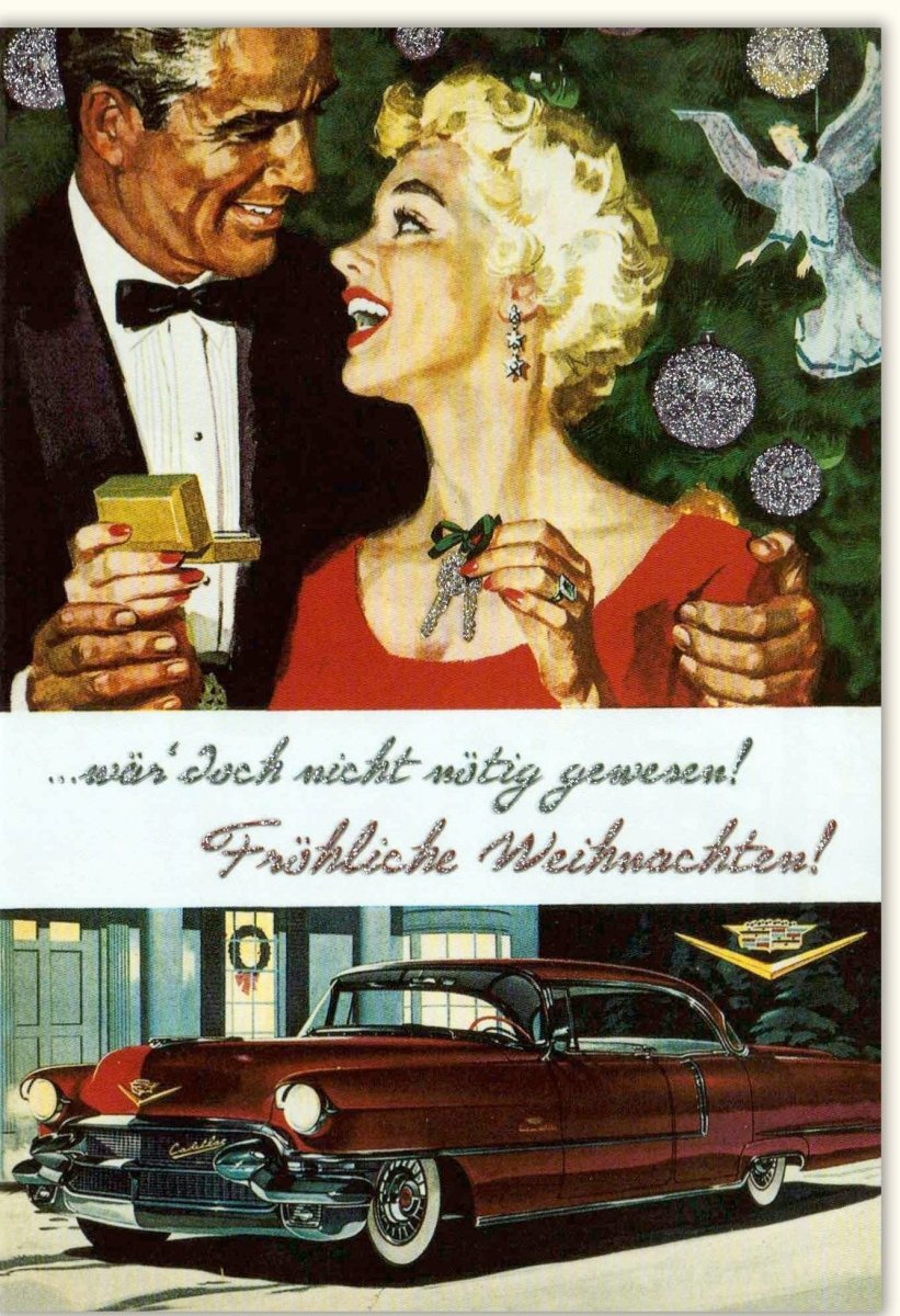 Weihnachtskarte Nostalgisch Retro - Festliche Vintage Doppelkarte mit Klassischem 50er Jahre Cadillac, Schnee & Paar - Eleganter Weihnachtsgruß mit Oldtimer, Geschenken & Glühwein Motiv für Frohe Weihnachten