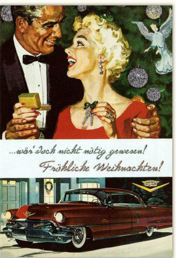 Weihnachtskarte Nostalgisch Retro - Festliche Vintage Doppelkarte mit Klassischem 50er Jahre Cadillac, Schnee & Paar - Eleganter Weihnachtsgruß mit Oldtimer, Geschenken & Glühwein Motiv für Frohe Weihnachten