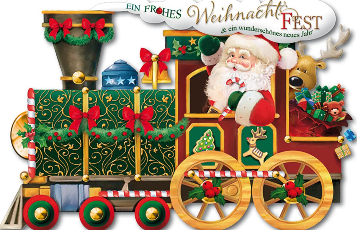 Weihnachtskarte Nostalgisch - Vintage Weihnachtszug mit Santa Claus, Rentieren & Geschenken, Umrahmt von Tannenzweigen für ein Frohes Fest - Retro Doppelkarte für die Feiertage