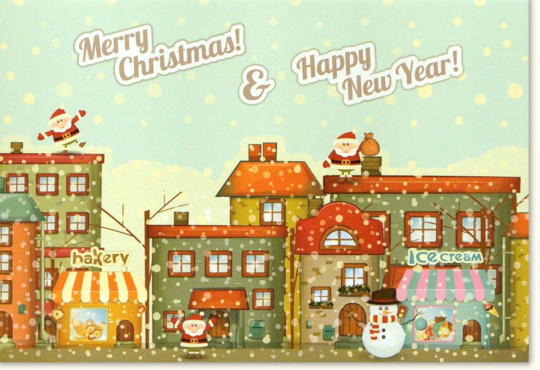 Weihnachtskarte Retro Design - "Merry Christmas & Happy New Year" Doppelkarte mit Winter Wohnhäuser, Schneemann, Bäckerei, Eisladen & Santa Motiven - Vintage Festliche Feiertagsgrußkarte für Dezember Traditionen