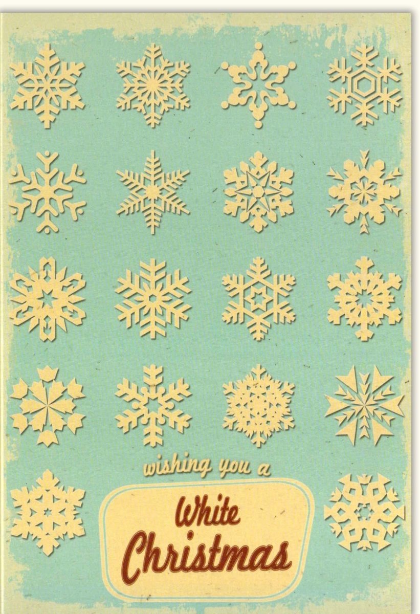 Weihnachtskarte Retro - Design mit Schneeflocken – Festliche Doppelkarte in Weiß, Vintage Weihnachten Grußkarte, Klassisch Nostalgisch mit Winterlichen Motiven und Schriftzug