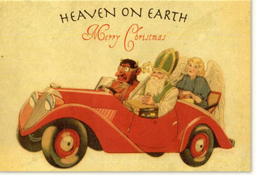 Weihnachtskarte Retro "Himmel auf Erden" - Festliche Doppelkarte mit Vintage Auto, Nikolaus & Engel Motiv, Traditionelle Merry Christmas Grußkarte für Familie und Freunde, Nostalgisch Besinnlich, Ideal als Geschenk im Winter Dezember