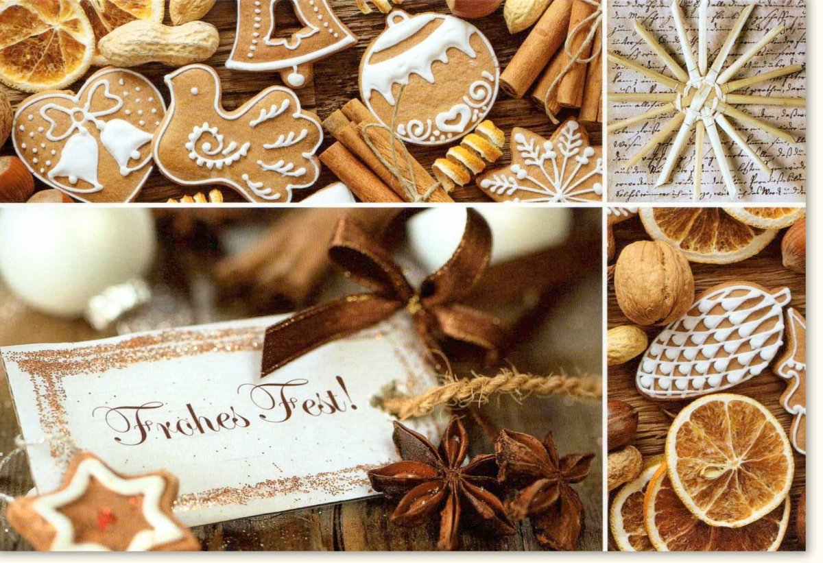 Weihnachtskarte Traditionell - Doppelkarte mit Umschlag, Motiv: Zimtsterne, Orangenscheiben, Walnüsse & Tannenzapfen, "Merry Christmas" & "Frohes Fest" Lebkuchen - Design, Festliche Grußkarte