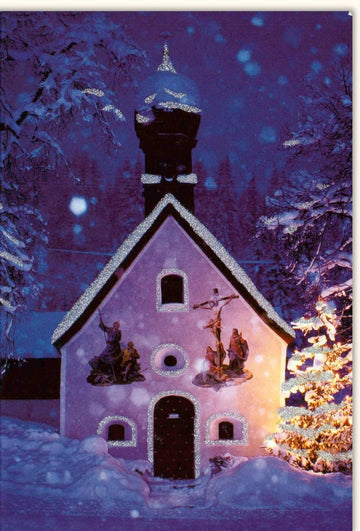 Weihnachtskarte Traditionell - Festliche Doppelkarte mit Kirche im Schnee, Beleuchteter Baum & Glitzernder Winterlandschaft, Merry Christmas Nacht - Szenerie, Eingeschneite Weihnachten Grußkarte