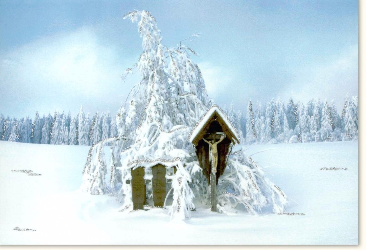 Weihnachtskarte Traditionell - Winterliche Schneelandschaft mit Feldkreuz und Christusfigur, Wald im Schnee Motiv, Friedvolle Besinnlichkeit zu Weihnachten, Doppelkarte für Festliche Grüße