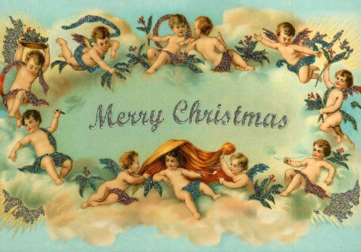 Weihnachtskarte Vintage Engel - Merry Christmas Retro Postkarte mit Gold Schriftzug & Glitzer Verzierung in Grün/Blau