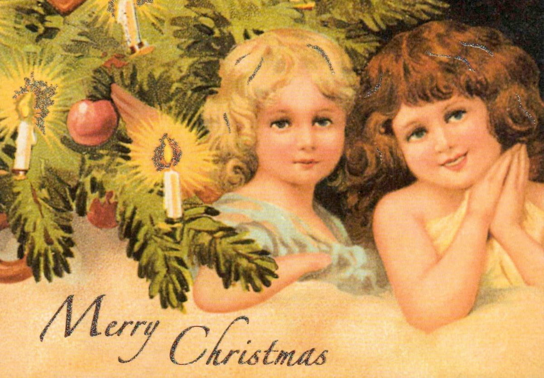 Weihnachtskarte Vintage - Stil - Engel, Kerzen & Tannenzweige - Festliche Retro Grüße, Sammlerstück