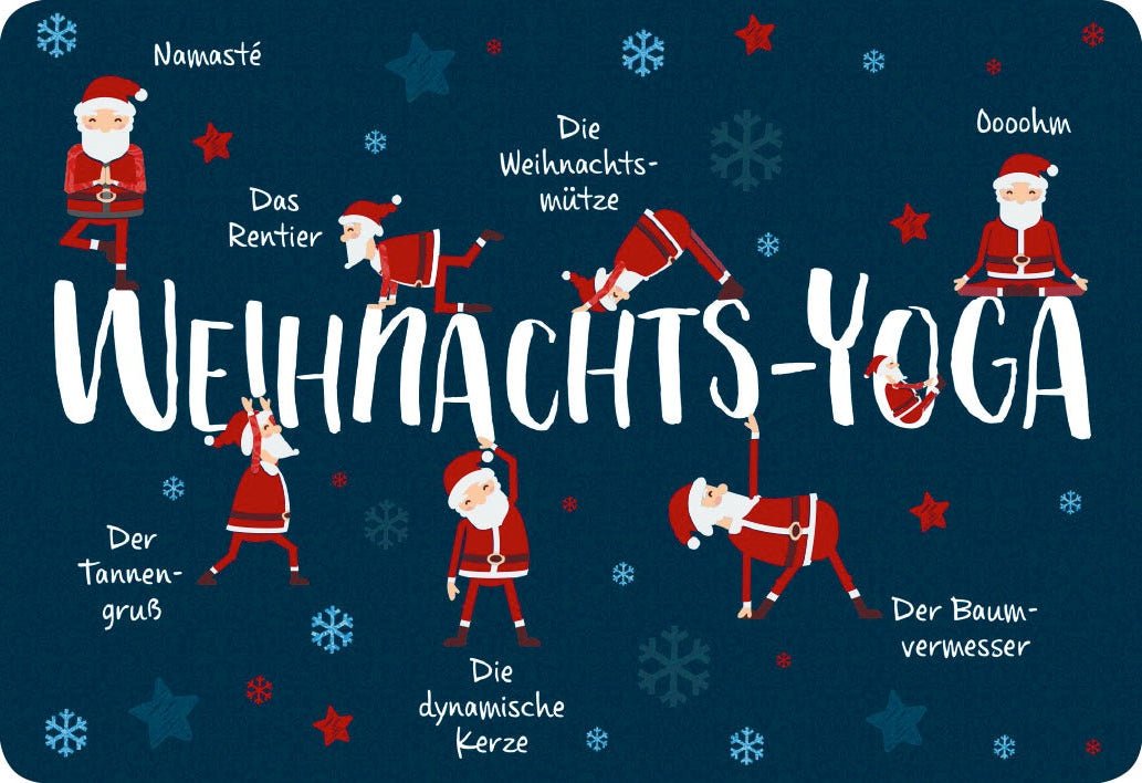Weihnachtskarte Yoga Santa - Lustige Blaue Schneeflocken , Entspannung & Humor Illustration für Frohes Fest & Feiertage