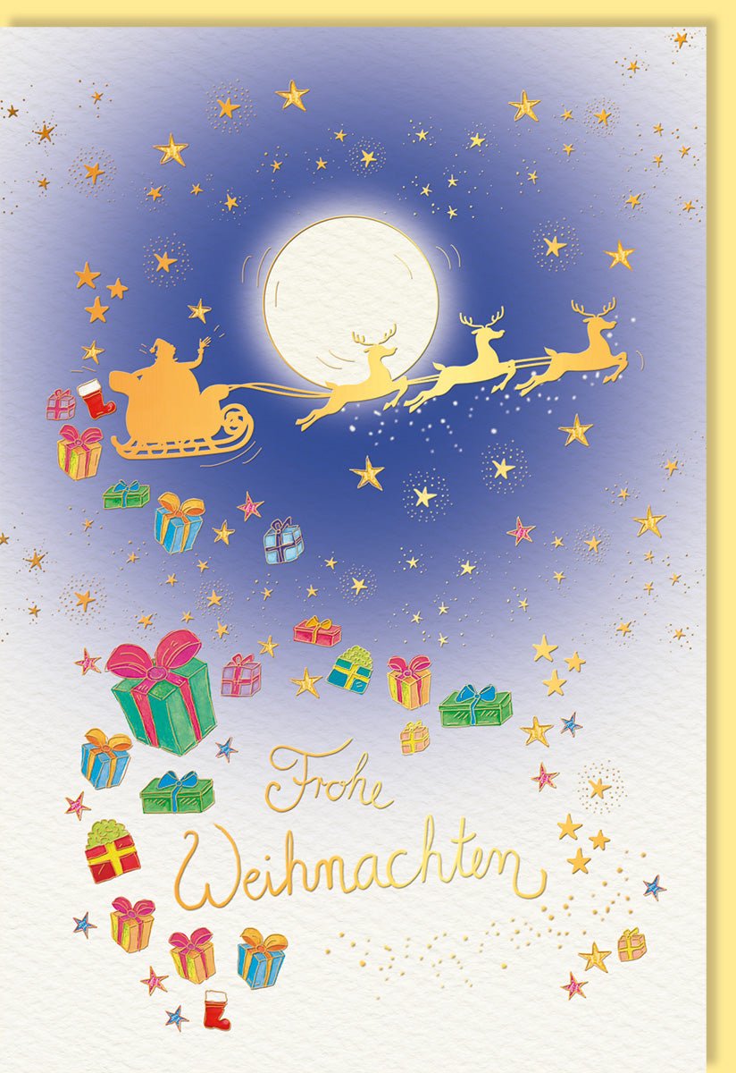 Weihnachtskarten Weihnachtsgrußkarten Frohe Weihnachten Karte mit Schlitten Rentieren Geschenken Sternen und Mond in festlichem Design ideal für Weihnachtsgrüße mit Umschlag