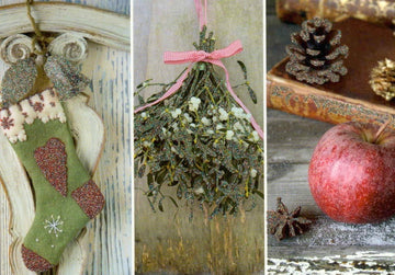 Weihnachtspostkarte 3 Bilder Apfel Socken