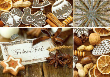Weihnachtspostkarte 4 Weihnachtsfotos Nüsse und Gebäck: Frohes Fest