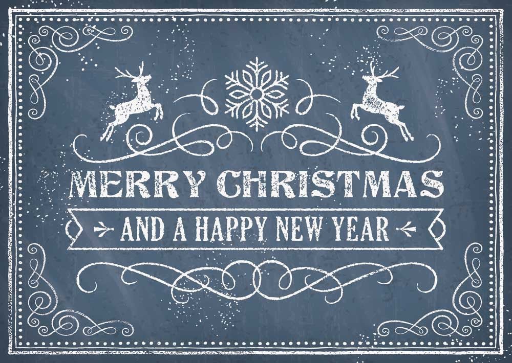 Weihnachtspostkarte blau retro: Merry Christmas and a Happy New Year