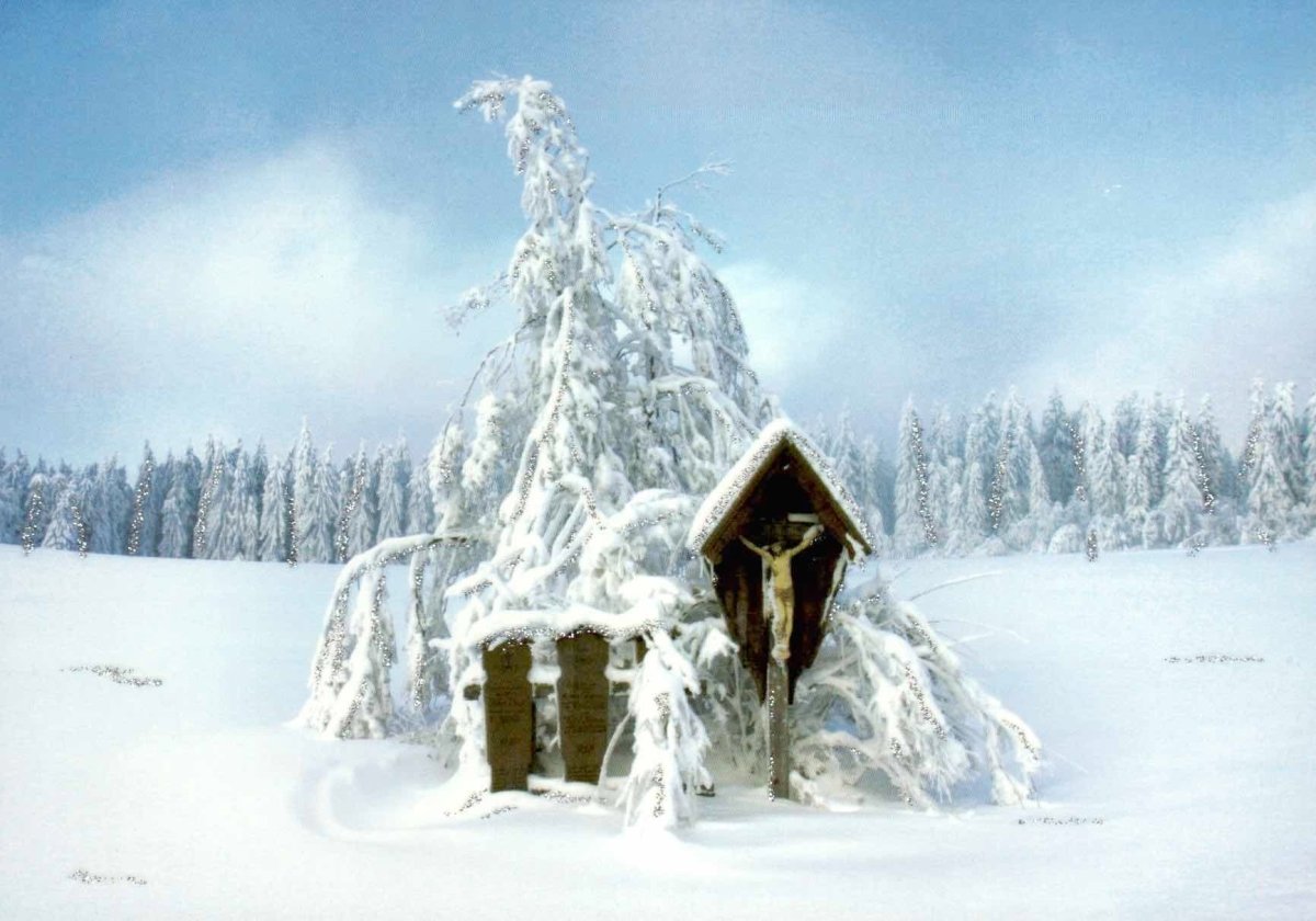Weihnachtspostkarte Christusfigur Feldweg: winter