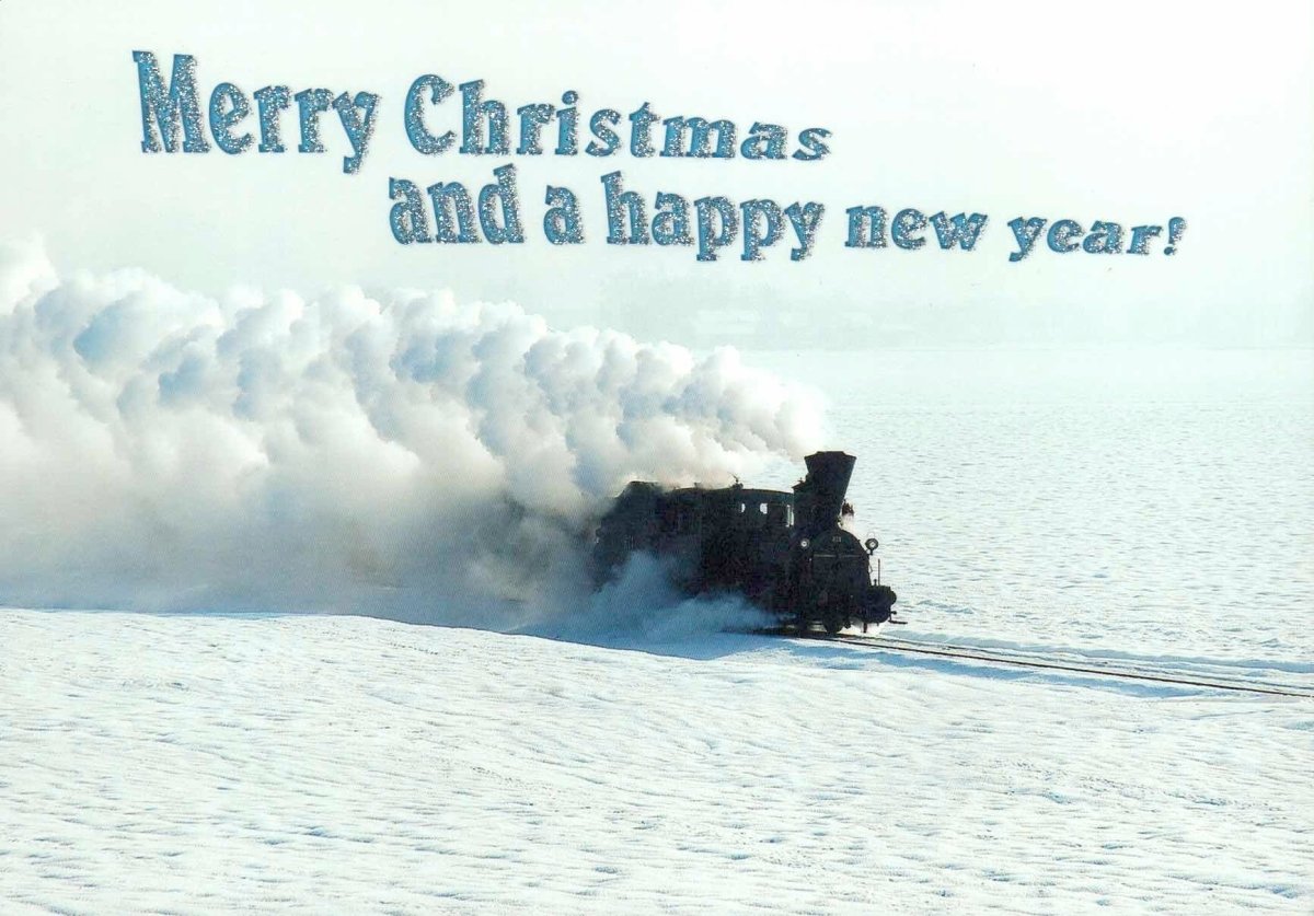 Weihnachtspostkarte Eisenbahn Schnee: merry christmas and...