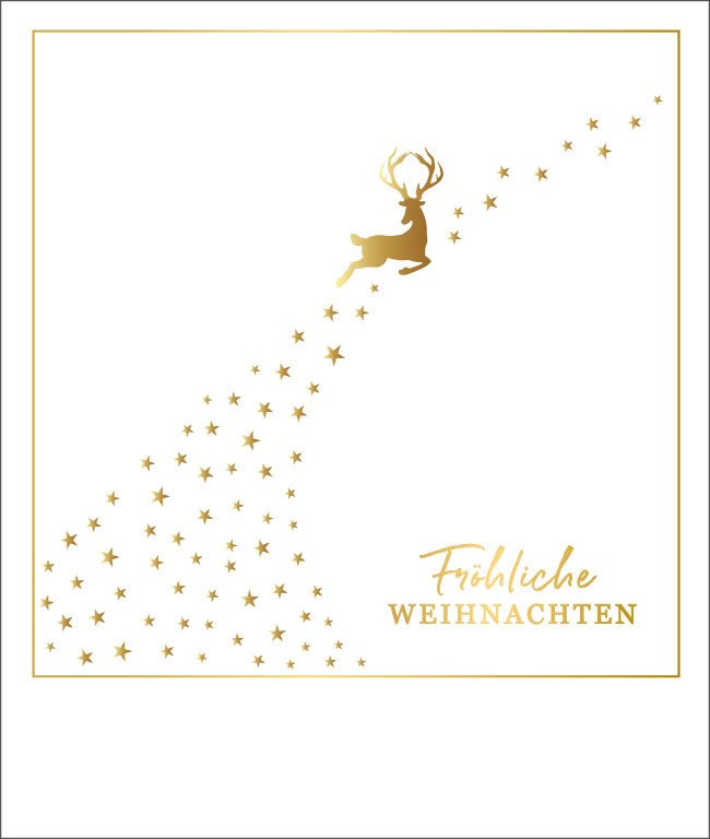 Weihnachtspostkarte Fröhliche Weihnachten Rehntier Sterne Goldfolie