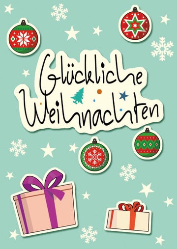 Weihnachtspostkarte Geschenke und Weihnachtskugeln: Glückliche Weihnachten