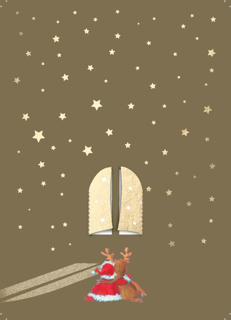 Weihnachtspostkarte Goldfolie Fenster zum Ausklappen / Engel Rentier