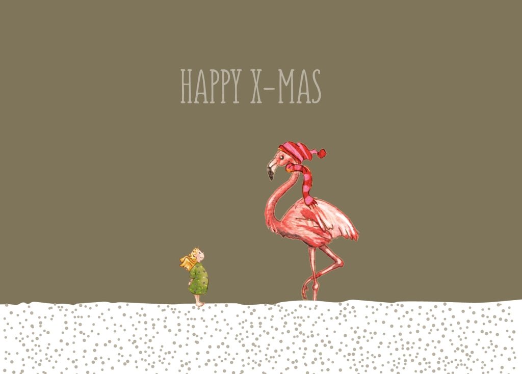 Weihnachtspostkarte Goldfolie Flamingo mit Engel - Happy X - MAS