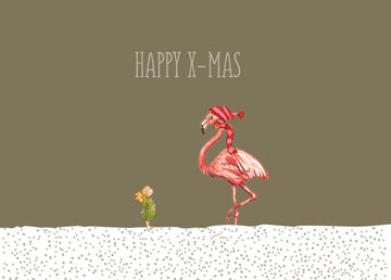 Weihnachtspostkarte Goldfolie Flamingo mit Engel - Happy X - MAS